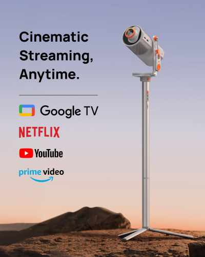 XGIMI MoGo 4 2025 NEW Portable Projector with PowerBase Stand, 5 Hours of Playtime, Google TV with Licensed Netflix, 360° Adjustable Stand, 450 ISO Lumens, 2 x 6W Harman Kardon
