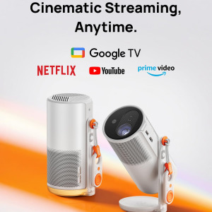 XGIMI MoGo 4 2025 NEW Portable Projector with PowerBase Stand, 5 Hours of Playtime, Google TV with Licensed Netflix, 360° Adjustable Stand, 450 ISO Lumens, 2 x 6W Harman Kardon