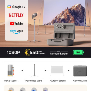 XGIMI MoGo 4 Laser Portable Projector with 4 Filters, 550 ISO Lumens, 360° Built-in Stand, Built-in Battery, 2.5 Hours of Playtime, Google TV with Licensed Netflix, 2×6W Harman...