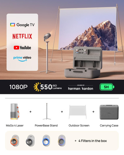 XGIMI MoGo 4 Laser Portable Projector with 4 Filters, 550 ISO Lumens, 360° Built-in Stand, Built-in Battery, 2.5 Hours of Playtime, Google TV with Licensed Netflix, 2×6W Harman...
