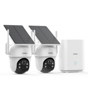 AOSU 2K Security Cameras Outdoor Wireless, 2 Cam-Kit with HomeBase, No Subscriptions, 360° Panoramic PTZ, Solar Battery Home Security Cameras System, Auto Tracking, Colour Night...