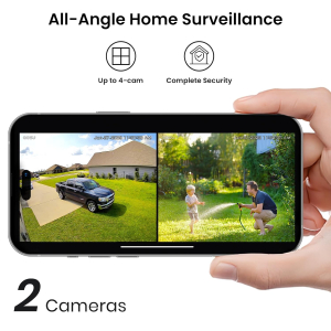 AOSU 2K Security Cameras Outdoor Wireless, 2 Cam-Kit with HomeBase, No Subscriptions, 360° Panoramic PTZ, Solar Battery Home Security Cameras System, Auto Tracking, Colour Night...