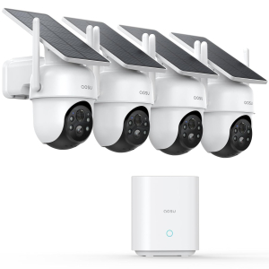 AOSU 2K Security Cameras Outdoor Wireless, 2 Cam-Kit with HomeBase, No Subscriptions, 360° Panoramic PTZ, Solar Battery Home Security Cameras System, Auto Tracking, Colour Night...