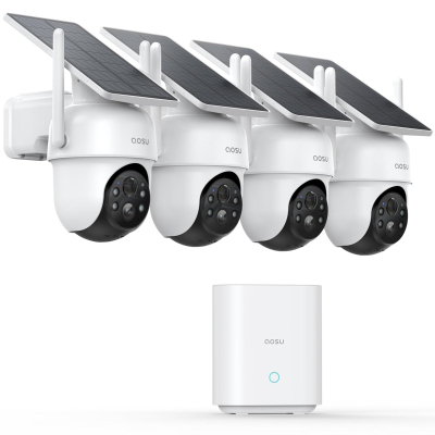 AOSU 2K Security Cameras Outdoor Wireless, 2 Cam-Kit with HomeBase, No Subscriptions, 360° Panoramic PTZ, Solar Battery Home Security Cameras System, Auto Tracking, Colour Night...