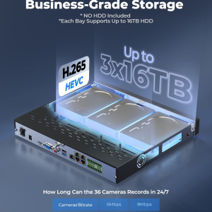 Reolink 36 Channel NVR for Security Camera, 3 HDD Bays, Support 16MP/4K/5MP/4MP Home CCTV Systems, 24/7 Surveillance Recording, Integrated O/I Alarm, RLN36 (No HDD Included)