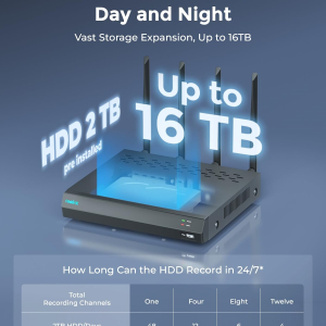 Reolink 4K 12CH Wi-Fi 6 NVR, Built-in 2TB HDD, Expandable to 16TB, 2.4/5 GHz WiFi WiFi & Battery Cameras (except 4G Cameras), 24/7 Recording for Home Security Camera System, RLN12W