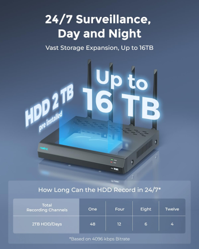 Reolink 4K 12CH Wi-Fi 6 NVR, Built-in 2TB HDD, Expandable to 16TB, 2.4/5 GHz WiFi WiFi & Battery Cameras (except 4G Cameras), 24/7 Recording for Home Security Camera System, RLN12W