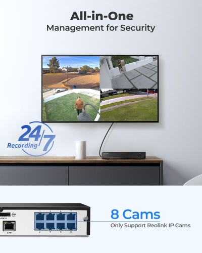 Reolink 4K PoE NVR 8 Channel CCTV Camera System Network Video Recorder with 2TB Hard Drive Supports 12MP/8MP/5MP/4MP/1080P HD PoE IP Camera 24/7 Surveillance Recording, RLN8-410