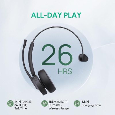 Yealink WH64 DECT & Bluetooth Mono Teams Wireless Headset with Microphone, 606 ft Range On Ear Headphones with 3X Noise Cancelling Mic,26H Talk Time,Microsoft Certified PC...