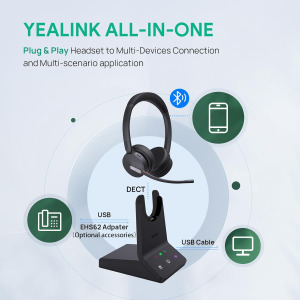 Yealink WH64 DECT & Bluetooth Mono Teams Wireless Headset with Microphone, 606 ft Range On Ear Headphones with 3X Noise Cancelling Mic,26H Talk Time,Microsoft Certified PC...
