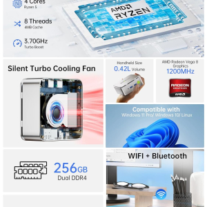 GMKtec Ryzen 5 Mini PC 3500U((4C/8T 3.7Ghz) G10 Desktop PC Computer, 16G DDR4 RAM 512GB PCle3.0x4 SSD, WiFi 5, USB3.2, USB-C, BT 5.0, DP, HDMI,Mini Computer
