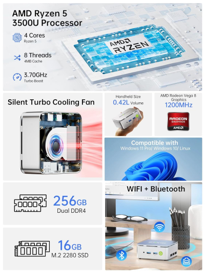 GMKtec Ryzen 5 Mini PC 3500U((4C/8T 3.7Ghz) G10 Desktop PC Computer, 16G DDR4 RAM 512GB PCle3.0x4 SSD, WiFi 5, USB3.2, USB-C, BT 5.0, DP, HDMI,Mini Computer
