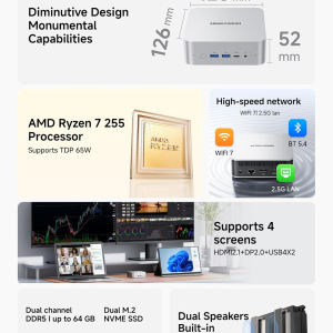 MINISFORUM AI X1-255 Mini PC AMD Ryzen 7 255 (8C/16T, up to 4,9 GHz), 32 GB DDR5 RAM 1 TB M.2 SSD,HDMI/DP/USB4 (4K@120 Hz), Dual Speaker/DMIC,USB-A X 3, 2.5G LAN, Wi-Fi 7/BT5.4