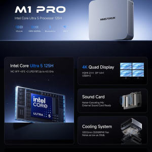 MINISFORUM M1 Pro-125H Barebone with Mini PC, Intel Core Ultra 5 125H (14C/18T, Up to 4.5GHz),USB4/RAID/OCuLink/Wi-Fi 7/BT 5.4, 4K Quad Display