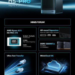 MINISFORUM N5 Pro-P370 5-Bay Desktop NAS(0+128GB), AMD Ryzen AI 9 HX Pro 370 12C/24T Up to 5.1GHz, 10GbE+5GbE, 3× M.2/U.2, OCuLink, HDMI/2 x USB4 4K 144Hz, PCIe ×16, MinisCloud OS