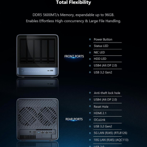MINISFORUM N5 Pro-P370 5-Bay Desktop NAS(0+128GB), AMD Ryzen AI 9 HX Pro 370 12C/24T Up to 5.1GHz, 10GbE+5GbE, 3× M.2/U.2, OCuLink, HDMI/2 x USB4 4K 144Hz, PCIe ×16, MinisCloud OS