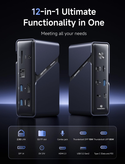 MINISFORUM TB4-01 12-in-1 Docking Station,Intel JHL8440 Thunderbolt 4 Controller，PD 85W,HDMI 2.1/DP1.4,SD/TF, Thunderbolt 4x 2,3 x USBA,1 x USB C,2.5G RJ45