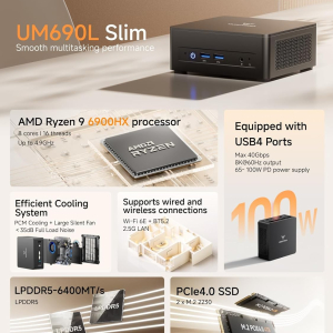 MINISFORUM UM690L Slim Mini PC, AMD Ryzen 9 6900HX Mini Computer (8C/16T, up to 4.9 GHz), 32 GB LPDDR5 and 1 TB PCIe 4.0 SSD, DP/HDMI 2.1/USB 4, 4 x USB Type-A, WiFi 6E/BT 5.3