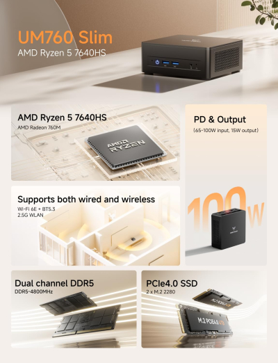MINISFORUM UM690L Slim Mini PC, AMD Ryzen 9 6900HX Mini Computer (8C/16T, up to 4.9 GHz), 32 GB LPDDR5 and 1 TB PCIe 4.0 SSD, DP/HDMI 2.1/USB 4, 4 x USB Type-A, WiFi 6E/BT 5.3