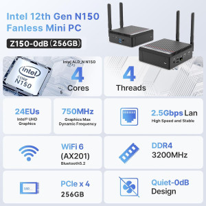 MINIX Z150-0dB Fanless Mini PC, Intel N150 (Upgraded N100), 8GB DDR4/256 GB PCIe Gen3 x 4 SSD/4K Dual Display/2.5G LAN/USB-C/Windows 11 Pro/Auto Power On, for Home Office...