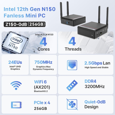MINIX Z150-0dB Fanless Mini PC, Intel N150 (Upgraded N100), 8GB DDR4/256 GB PCIe Gen3 x 4 SSD/4K Dual Display/2.5G LAN/USB-C/Windows 11 Pro/Auto Power On, for Home Office...