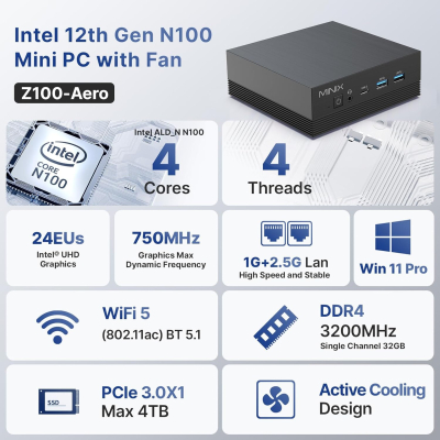MINIX Z150-0dB Fanless Mini PC, Intel N150 (Upgraded N100), 8GB DDR4/256 GB PCIe Gen3 x 4 SSD/4K Dual Display/2.5G LAN/USB-C/Windows 11 Pro/Auto Power On, for Home Office...