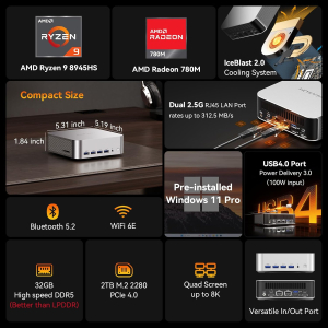 ⁦GEEKOM[Ultra Quiet A8 Max AI Mini PC Windows 11 Pro, with AMD Ryzen 9 8945HS(Up to 5.2GHz), 32GB DDR5 RAM(Up to 128GB) &1TB SSD, Dual HDMI 4K@120Hz Quad Display/USB4.0/8×USB for Gaming/Video Editing⁩ – תמונה ⁦5⁩