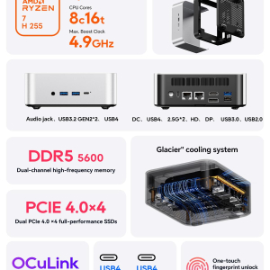AOOSTAR MINI PC MACO Ryzen7 H255 Barebones mini computer,Dual DDR5 RAM and M.2 SSD Slots,Fingerprint unlock,Dual USB4+Oculink,8k Quad-screen display,2.5G RJ45*2,Desktop Gaming...