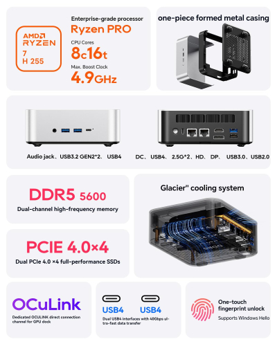 AOOSTAR MINI PC MACO Ryzen7 H255 Barebones mini computer,Dual DDR5 RAM and M.2 SSD Slots,Fingerprint unlock,Dual USB4+Oculink,8k Quad-screen display,2.5G RJ45*2,Desktop Gaming...