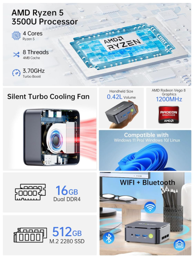 GMKtec G10 Mini PC Ryzen 5 3500U (Beats N150), 16GB RAM 512GB SSD 2.5GbE NIC LAN Office Home Desktop Computers, Triple 4K Display, WiFi, BT, USB-C, DP