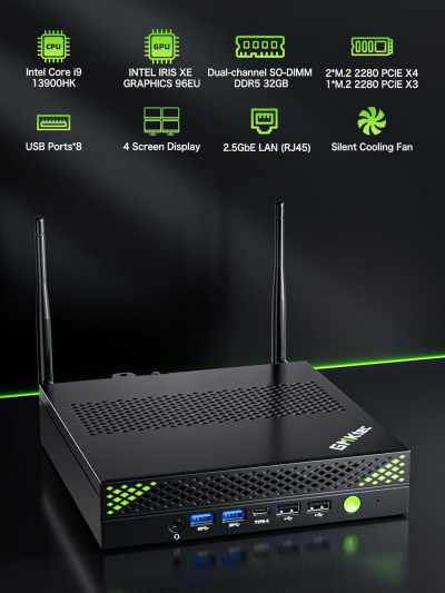 GMKtec Mini PC Workstation, Intel Core i9 13900HK(14C/20T) up to 5.4GHz, Mini Computer 16GB DDR5 512GB SSD, 8X USB Ports/COM/HDMI/DP for Office Business