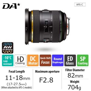 HD PENTAX-DA★11-18mmF2.8ED DC AW Ultra-wide-angle zoom lens 17-27.5mm (Equivalent to 35mm format) All Weather resistant Extra-sharp High-contrast images Free of flare and ghost...