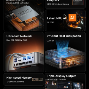 MINISFORUM AI370 Mini PC, AMD Ryzen AI 9 HX 370 Processor, LPDDR5X-7500MHz 32GB RAM, 1TB PCle SSD, AMD Radeon 890M, Dual LAN RJ45 2.5G/Wi-FI 6E/BT 5.3, HDMI 2.1/DP 2.0/USB4,Copilot