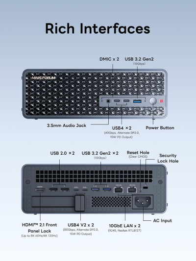 MINISFORUM MS-S1 MAX Mini AI Workstation PC, AMD Ryzen AI Max+ 395 (16C/32T),RDNA3.5 GPU,128GB LPDDR5x UMA RAM,Dual M.2 PCIe 4.0, PCIe x16 Slot, USB4 V2(80Gbps)& Dual 10GbE,...