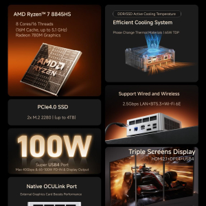MINISFORUM UM880 Plus Mini PC AMD Ryzen 7 8845HS 8C/16T Desktop Computer 32GB RAM 1TB SSD HDMI/DP/USB4 port, AMD Radeon 780M, 2.5G RJ45 and 4 USB Ports