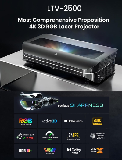 AWOL VISION LTV-2500 4K UHD Ultra Short Throw Triple Laser Projector with Dolby Vision & Atmos, Active 3D, 150", HDR10+, UST Laser TV Projector (Fire TV Stick 4K Max included)