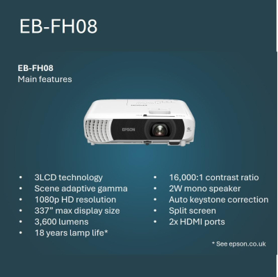 Epson EB-FH08 Projector Full HD 1080p, 3600 Lumens, 332 Inch Display, Up to 18 years Lamp Life, Home Cinema Projector White