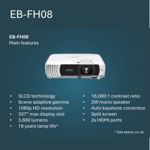 Epson EB-FH08 Projector Full HD 1080p, 3600 Lumens, 332 Inch Display, Up to 18 years Lamp Life, Home Cinema Projector White