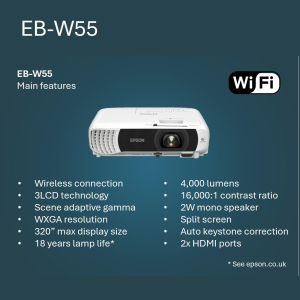Epson EB-W55 1200x800 WXGA Projector, 4000 ANSI Lumens, 3LCD, 320-inch Display, Built-in 2W Speaker