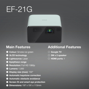 Epson EF-21G Mini Smart 3LCD Projector, Full HD, 1000 Lumens, 150 Inch Display with HDR, Google TV, Dolby Atmos Sound, Gaming & Home Cinema Laser Projector - Smoke Ice Green
