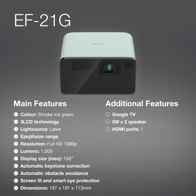 Epson EF-21G Mini Smart 3LCD Projector, Full HD, 1000 Lumens, 150 Inch Display with HDR, Google TV, Dolby Atmos Sound, Gaming & Home Cinema Laser Projector - Smoke Ice Green