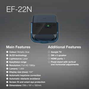 Epson EF-22N Mini Smart 3LCD Projector with Pan & Tilt Stand, Full HD,1000 Lumens,150 Inch Display with HDR, Google TV, Dolby Atmos Sound, Gaming & Home Cinema Laser Projector -...