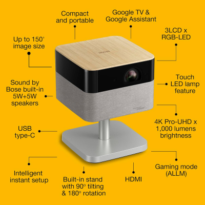 Epson Lifestudio Flex Plus EF-72 Oak, Portable Smart Projector, Sound by Bose, Google TV, 4K Pro UHD, Ambient Lighting, Adjustable Stand, Indoor/Outdoor Use, 5-year warranty*