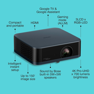 Epson Lifestudio Pop Plus EF-62N Metallic Navy, Portable Smart Projector, Sound by Bose, Google TV, 4K Pro UHD, Indoor/Outdoor Use, 5-year warranty*
