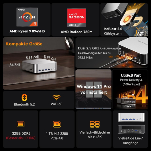 GEEKOM AI Mini PC A8 Max with AMD Ryzen 9 8945HS, 3 Year Warranty, 32 GB DDR5 RAM (Not Fixed LPDDR) 1 TB SSD, Micro PC W-11 Pro | 8 USB Ports | 8K UHD | Dual LAN Port, for...