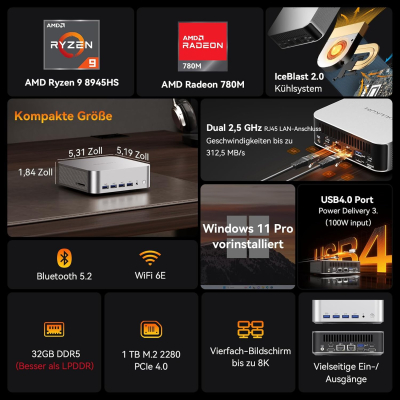 GEEKOM AI Mini PC A8 Max with AMD Ryzen 9 8945HS, 3 Year Warranty, 32 GB DDR5 RAM (Not Fixed LPDDR) 1 TB SSD, Micro PC W-11 Pro | 8 USB Ports | 8K UHD | Dual LAN Port, for...