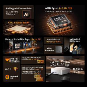 GEEKOM AI Mini PC A9 Max with AMD Ryzen AI 9 HX 370 (12C/24T, up to 5.1GHz), 32GB DDR5+ 1TB SSD, 2.5G Dual-LAN Mini Computer Windows 11 Pro with 2 x USB4 HDMI2.1 Wi-Fi 7 and BT...