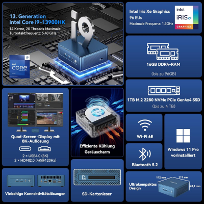 GEEKOM IT13 with i9-13900HK, 16GB RAM & 1TB SSD (max. 96GB + 4TB) Windows 11 Pro, 6X USB, 8K 120Hz, Intel Iris Xe, Mini Computer for Home/Office/Business