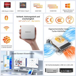 GEEKOM Mini PC A5 Pro with AMD Ryzen 5 7430U, 16GB Upgradable DDR4 RAM (No Fixed LPDDR) + 512GB SSD, Compact Mini Desktop PC W-11 Pro, 6 x USB, Quad Display, for Business