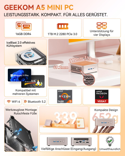 GEEKOM Mini PC A5 with AMD Ryzen 5 7430U, 16GB RAM 1TB SSD (max.64GB + 4TB), Windows 11 Pro, Ultra Quiet Compact Desktop PC with AMD Radeon Graphics, Dual HDMI 4K Output, SD...